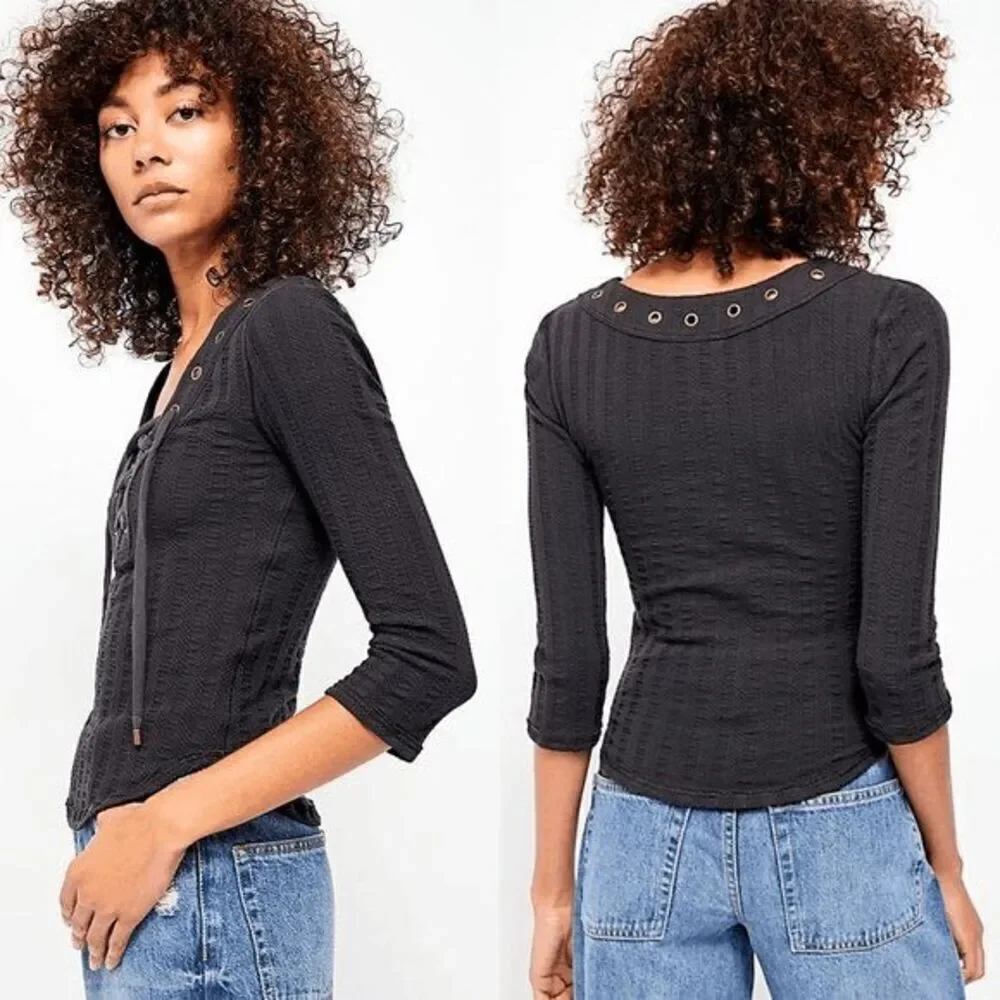 Free People Ice Cold Lace Up Grommets Blue Gray Ribbed Quarter Sleeve Top XS